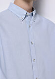 Regular Fit Shirt Neck Düz Erkek Keten Karışımlı Mavi Uzun Kol Gömlek