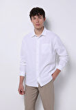 Relaxed Fit Shirt Neck Düz Erkek Keten Karışımlı Beyaz Uzun Kol Gömlek