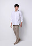 Relaxed Fit Shirt Neck Düz Erkek Keten Karışımlı Beyaz Uzun Kol Gömlek
