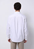 Relaxed Fit Shirt Neck Düz Erkek Keten Karışımlı Beyaz Uzun Kol Gömlek