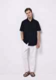 Regular Fit Shirt Neck Jakarlı Erkek Lacivert Kısa Kol Gömlek
