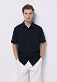 Regular Fit Shirt Neck Jakarlı Erkek Lacivert Kısa Kol Gömlek