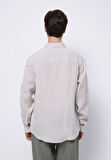 Regular Fit Shirt Neck Düz Erkek Keten Karışımlı Bej Uzun Kol Gömlek
