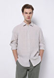 Regular Fit Shirt Neck Düz Erkek Keten Karışımlı Bej Uzun Kol Gömlek