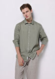 Regular Fit Shirt Neck Düz Erkek Keten Karışımlı Yeşil Uzun Kol Gömlek