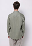 Regular Fit Shirt Neck Düz Erkek Keten Karışımlı Yeşil Uzun Kol Gömlek