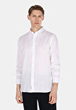 Regular Fit Shirt Neck Düz Erkek Keten Karışımlı Beyaz Uzun Kol Gömlek