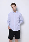 Slim Fit Shirt Neck Düz Erkek Mavi Uzun Kol Gömlek