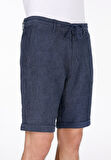 Regular Fit Orta Bel Düz Erkek Keten Karışımlı Lacivert Şort