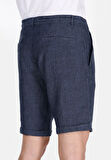 Regular Fit Orta Bel Düz Erkek Keten Karışımlı Lacivert Şort