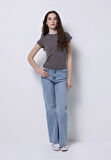 Slim Fit Yuvarlak Yaka Düz Kadın Gri Kısa Kol Tişört