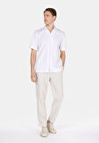 Regular Fit Shirt Neck Jakarlı Erkek Beyaz Kısa Kol Gömlek
