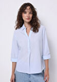 Regular Fit Shirt Neck Çizgili Kadın Mavi Roll-up Gömlek