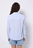 Regular Fit Shirt Neck Çizgili Kadın Mavi Roll-up Gömlek