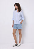 Regular Fit Shirt Neck Çizgili Kadın Mavi Roll-up Gömlek
