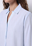 Regular Fit Shirt Neck Çizgili Kadın Mavi Roll-up Gömlek