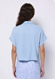 Regular Fit Shirt Neck Düz Kadın Mavi Kısa Kol Gömlek