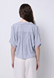Regular Fit Shirt Neck Çizgili Kadın Mavi Kısa Kol Gömlek