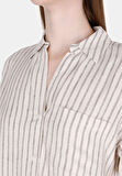 Regular Fit Shirt Neck Çizgili Kadın Bej Kısa Kol Gömlek