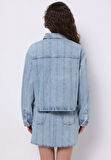 Oversize Fit Fermuarlı Astarsız  Kadın Mavi Ceket