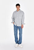 Oversize Fit Klasik Yaka Çizgili Erkek Denim Uzun Kol Gömlek
