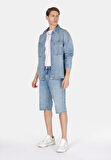 Straight Fit Orta Bel Düz Erkek Mavi Jean Şort