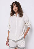 Regular Fit Shirt Neck Nakışlı Kadın Beyaz Uzun Kol Gömlek