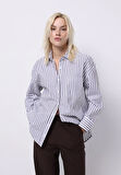 Relax Fit Shirt Neck Çizgili Kadın Mor Uzun Kol Gömlek