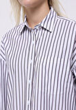 Relax Fit Shirt Neck Çizgili Kadın Mor Uzun Kol Gömlek