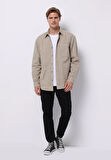 Comfort Fit Shirt Neck Düz Erkek Bej Uzun Kol Gömlek