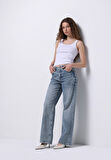 Regular Fit Yüksel Bel Geniş Paça Kadın İndigo Jean Pantolon