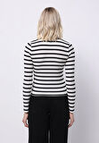 Slim Fit Polo Yaka Çizgili Kadın Siyah Uzun Kol Tişört