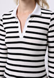 Slim Fit Polo Yaka Çizgili Kadın Siyah Uzun Kol Tişört