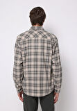 Regular Fit Shirt Neck Ekoseli Erkek Bej Uzun Kol Gömlek