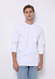 Comfort Fit Yuvarlak Yaka Düz Erkek Beyaz Uzun Kol Tişört