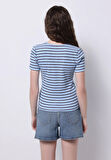 Slim Fit Yuvarlak Yaka Çizgili Kadın Mavi Kısa Kol Tişört