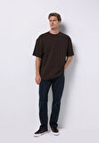 Oversize Fit Yuvarlak Yaka Düz Erkek Kahverengi Kısa Kol Tişört