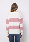 Regular Fit Polo Yaka Çizgili Kadın Pembe Kazak