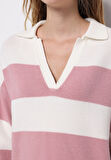 Regular Fit Polo Yaka Çizgili Kadın Pembe Kazak