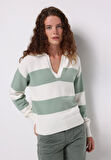 Regular Fit Polo Yaka Çizgili Kadın Yeşil Kazak