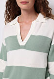 Regular Fit Polo Yaka Çizgili Kadın Yeşil Kazak