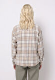 Regular Fit Shirt Neck Ekoseli Kadın Bej Uzun Kol Gömlek