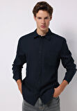 Slim Fit Shirt Neck Ekoseli Erkek Lacivert Uzun Kol Gömlek