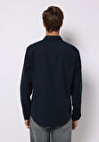 Slim Fit Shirt Neck Ekoseli Erkek Lacivert Uzun Kol Gömlek