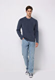 Regular Fit Yuvarlak Yaka Jakarlı Erkek Mavi Kazak