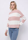 Regular Fit Yuvarlak Yaka Çizgili Kadın Pembe Kazak
