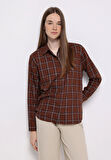 Regular Fit Shirt Neck Ekoseli Kadın Kahverengi Uzun Kol Gömlek