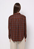 Regular Fit Shirt Neck Ekoseli Kadın Kahverengi Uzun Kol Gömlek