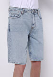 Regular Fit Orta Bel Düz Erkek Açik İndigo Jean Şort