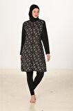Geometrik Desenli Siyah Tam Kapalı Tesettür Mayo - Fermuarlı Üç Parça Takım